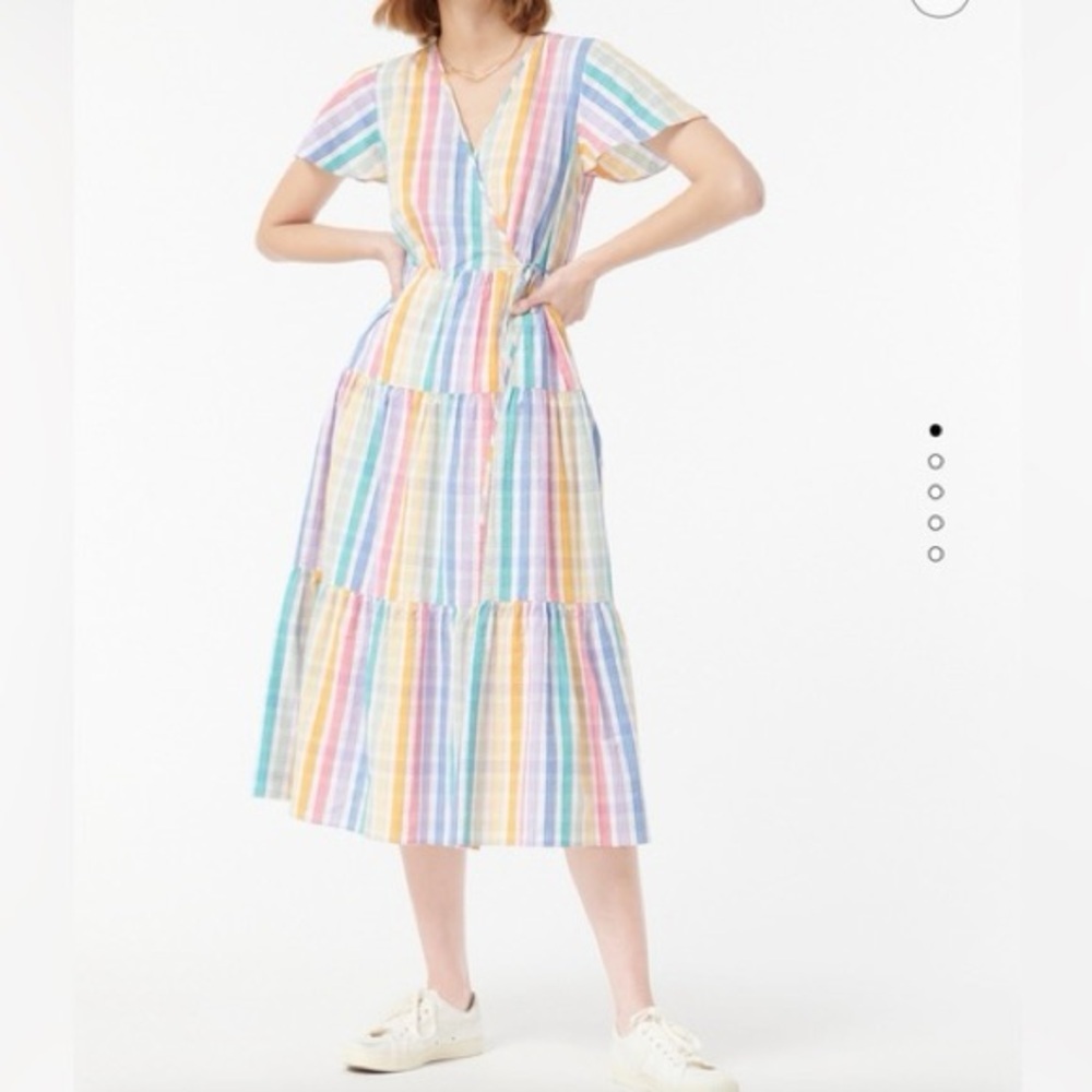 J. Crew Faux-wrap seersucker dress in rainbow gingham